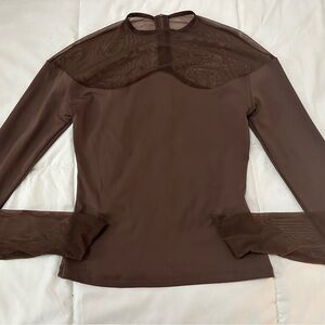 Elegant Brown Mesh Long Sleeve Top